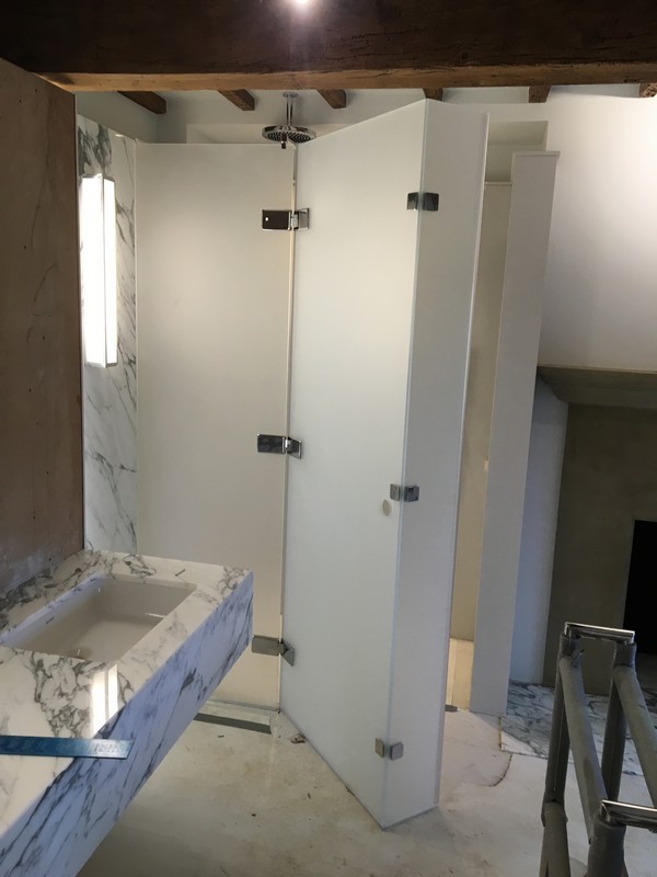 Bespoke frosted glass shower enclosure in Twickenham luxury bathroom